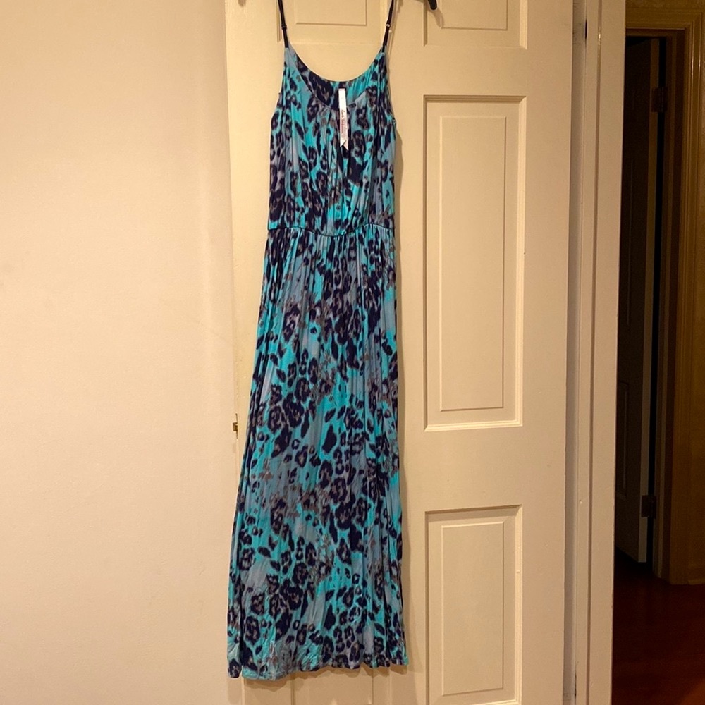 Long Blue, Brown and Black Leopard Dress